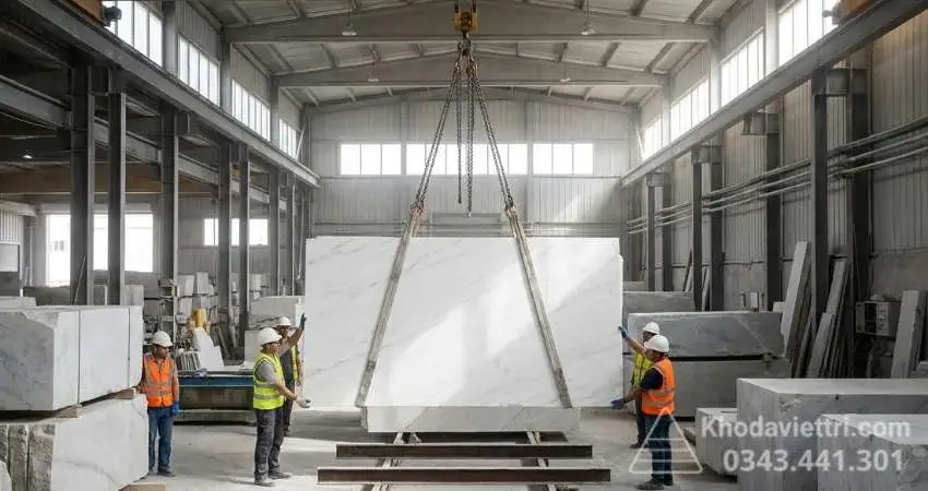 Xe cẩu chuyên dụng bốc dỡ đá tự nhiên khổ lớn an toàn tại tổng kho