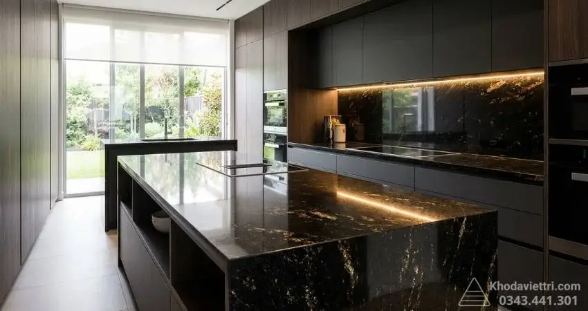 Mặt bàn bếp và bàn đảo bếp bằng đá kim sa trung Ấn Độ lấp lánh hạt vàng đồng do Kho Đá Mười Kỳ thi công