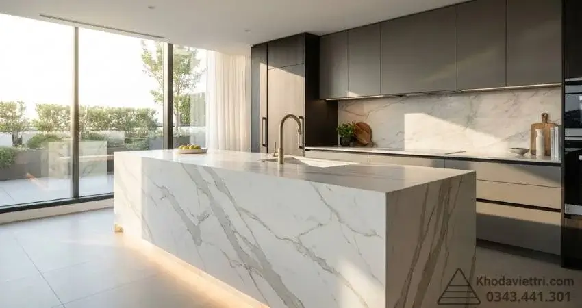 Đảo bếp ốp đá thạch anh quartz Calacatta vân vàng xám sang trọng được thi công bởi Kho Đá Mười Kỳ.