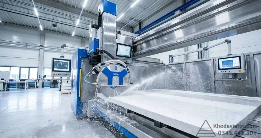 Quá trình gia công cắt tấm đá thạch anh nhân tạo bằng máy cắt CNC 5 trục hiện đại tại xưởng Kho Đá Mười Kỳ.